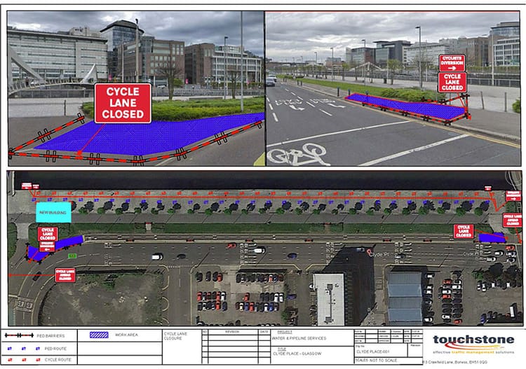 Clyde Place Glasgow: the transformation from 3-lane road to public realm moves on but it does mean changes for the South West City Way, from MONDAY 02 SEPTEMBER.