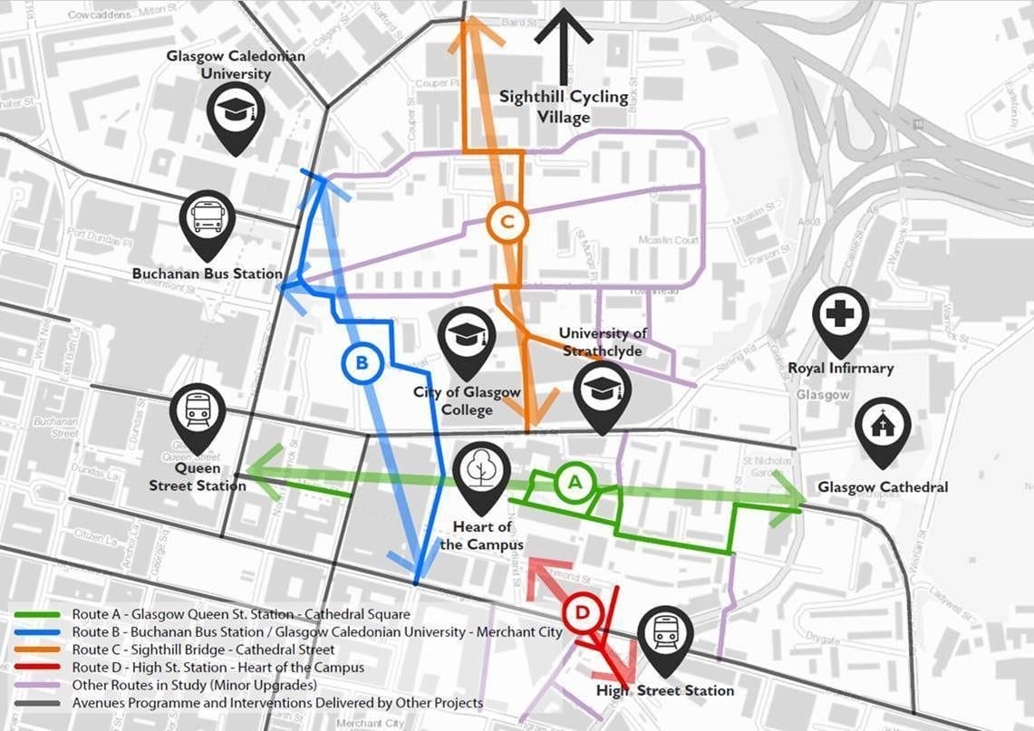 Map of proposed active travel routes to north-east of George Square