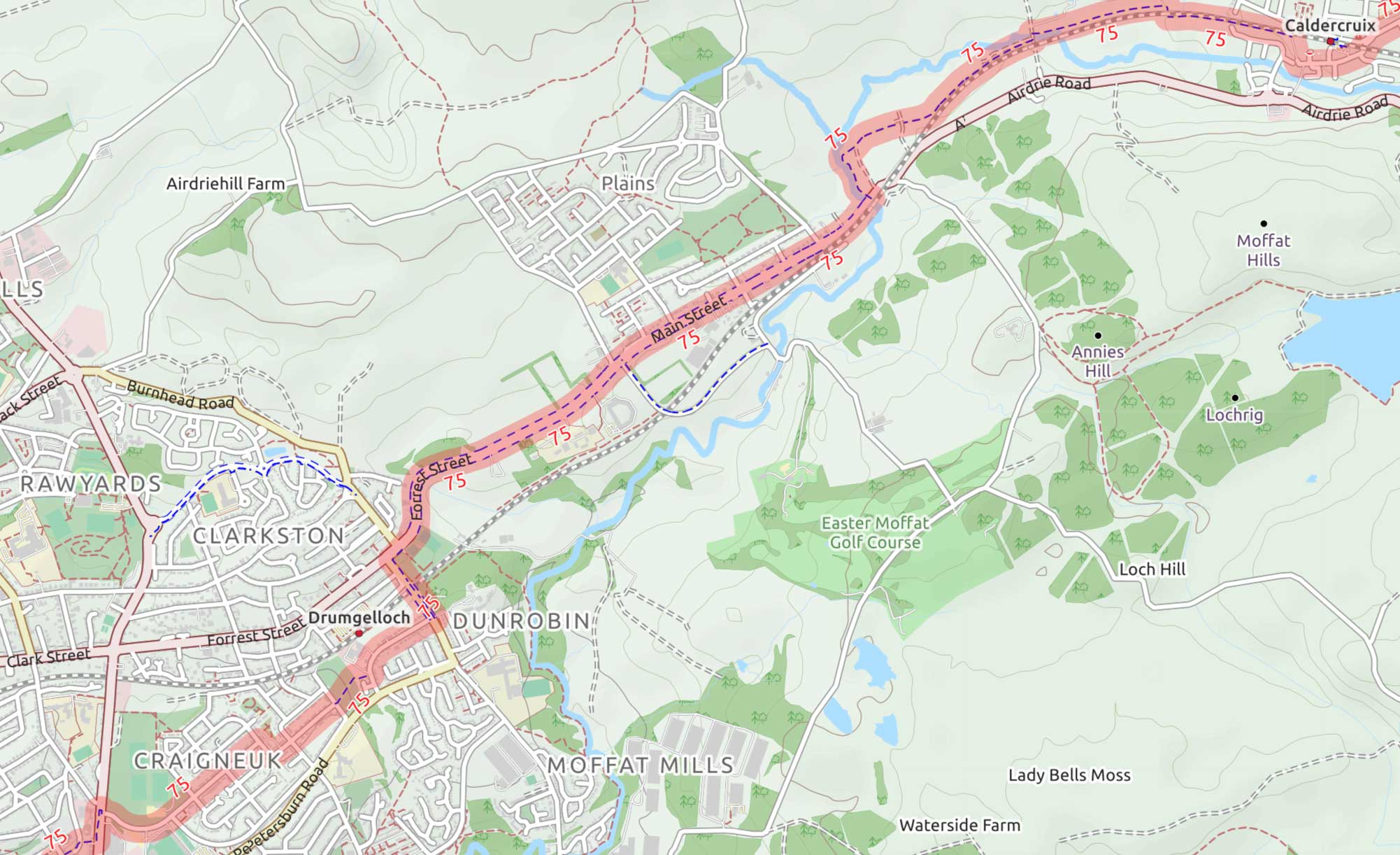 Map of NCN75 between Airdrie and Caldercruix