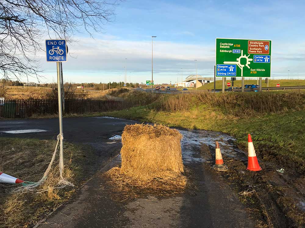 Hay bale filter on shared path at Raith Interchange