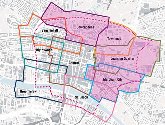 Map of (Y)our City Centre Districts with current phase highlighted (Cowcaddens, Townhead, 'Learning Quarter and Merchant City)