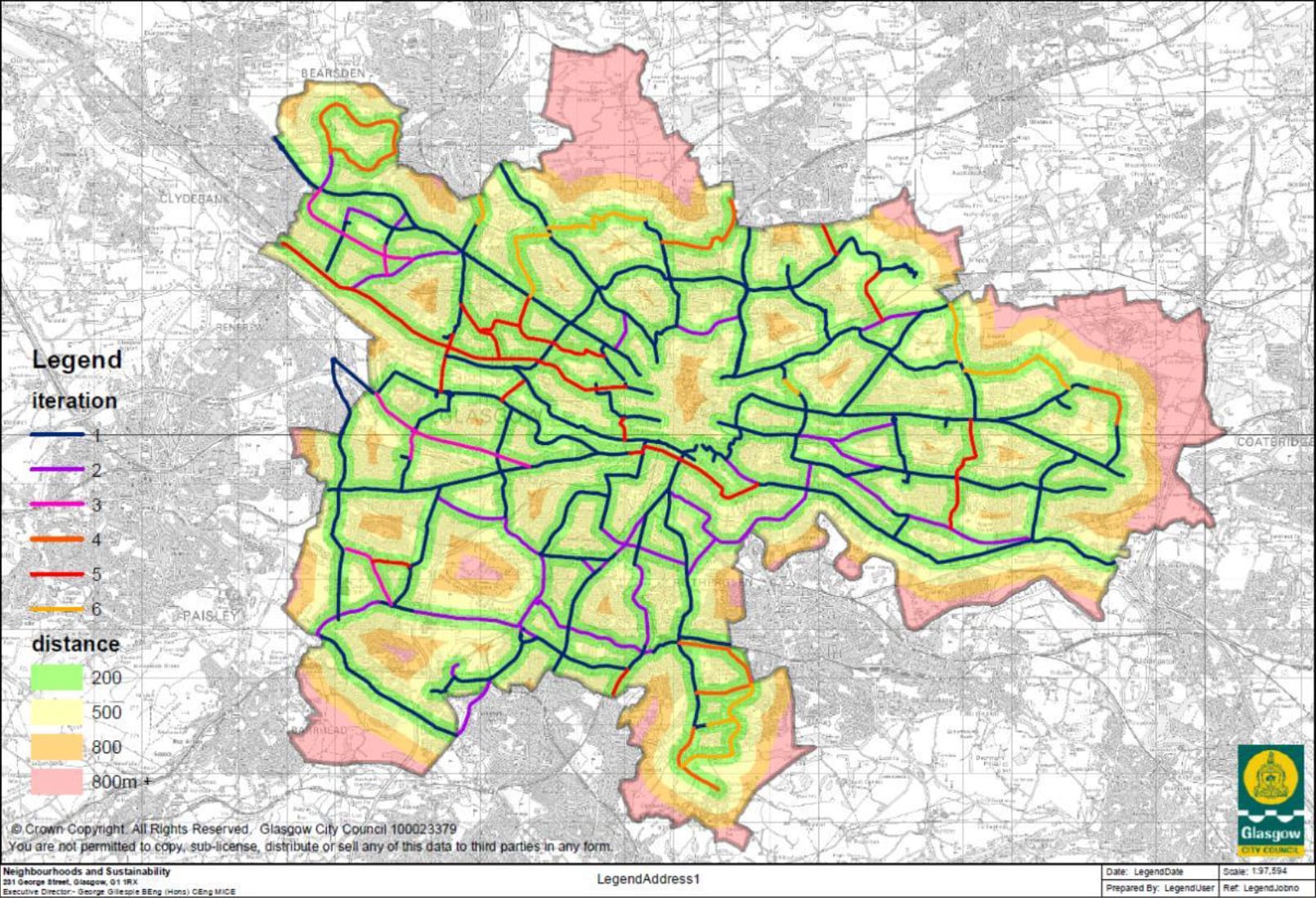 Map of proposed Glasgow City Network map with colours to show iterations and distance to cycle routes