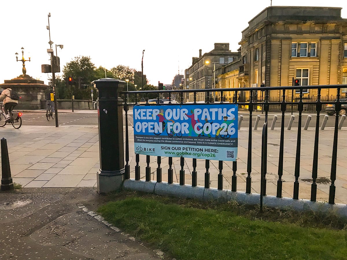 GoBike paths petition banner on NCN7, one of the routes affected