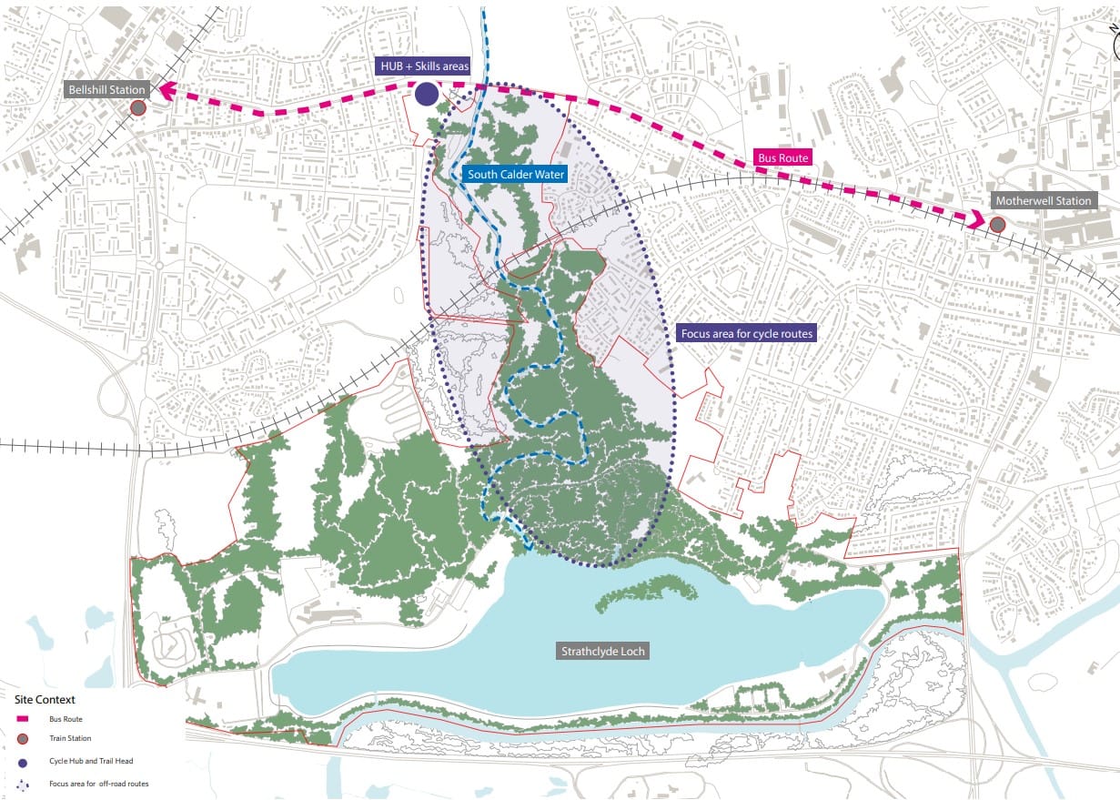 Map highlighting the northern part of Strathclyde Country Park around the South Calder Water