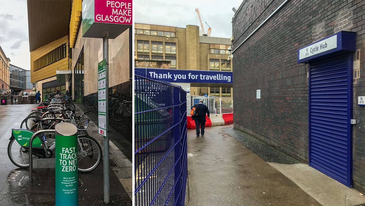 Split view of cycle parking outside Queen St station and unopened Cycle Hub