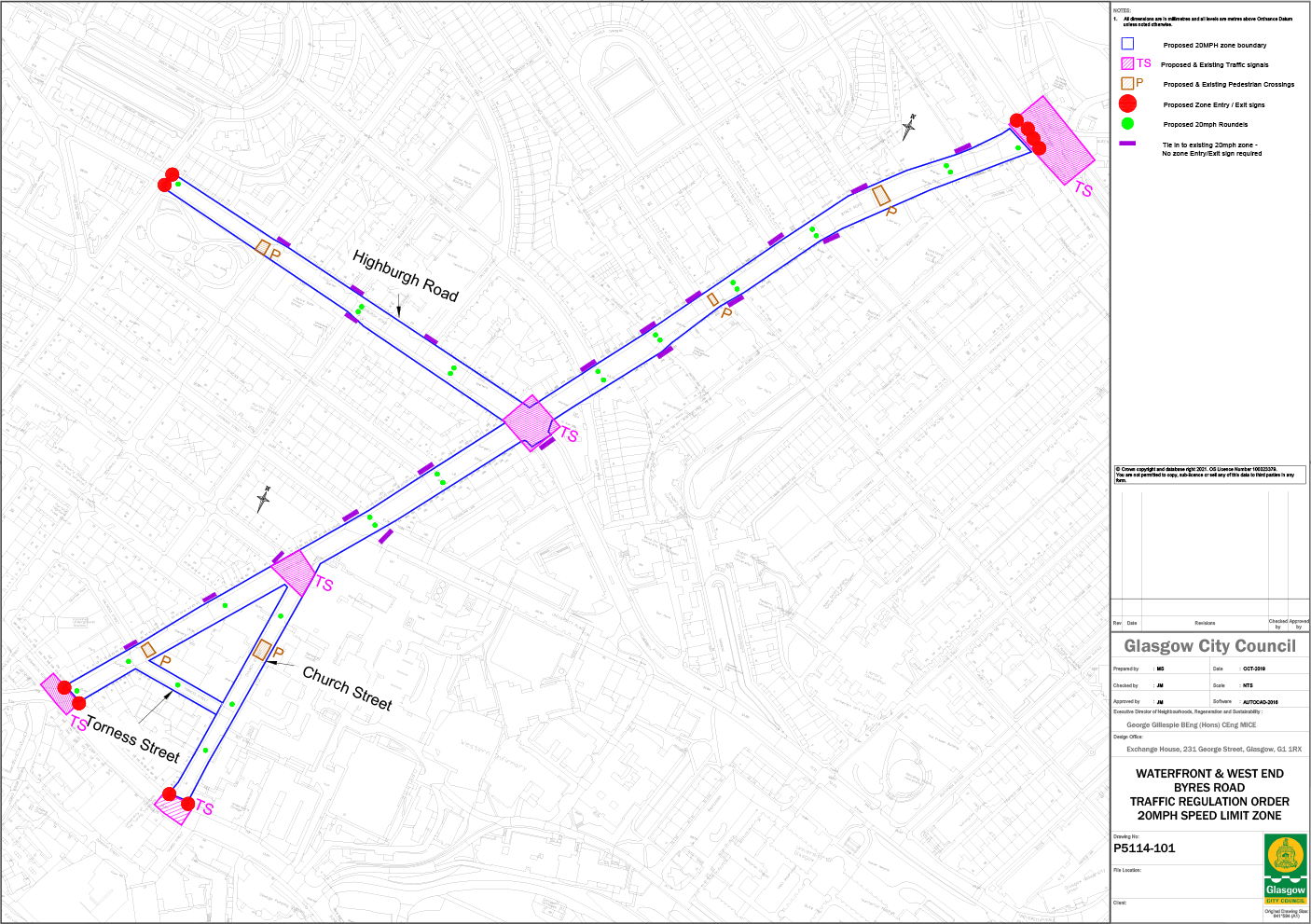 Map of 20mph TRO area for Byres Rd, Church St, Torness St and Highburgh Rd