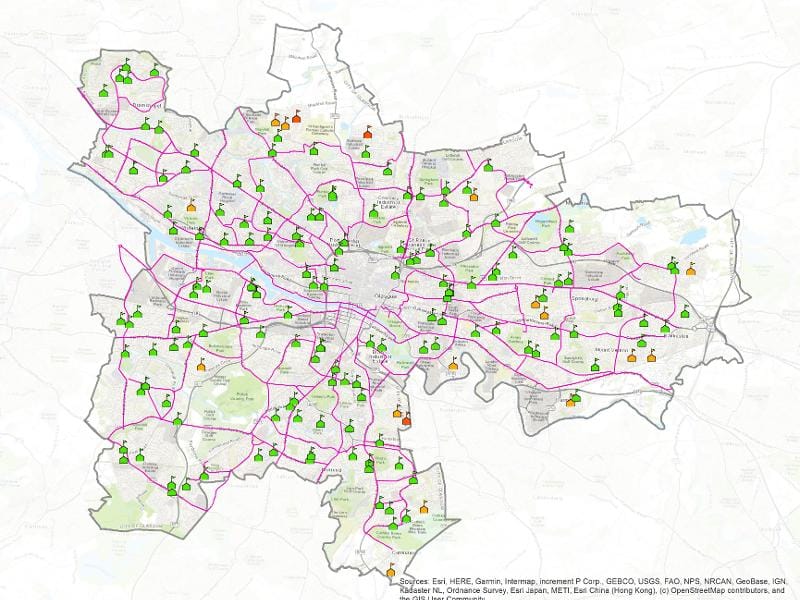 Map showing schools within 400m of Glasgow's proposed City Network of active travel routes