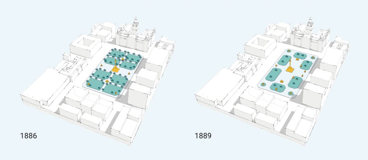 Diagram of George Square layouts in 1886 and 1889