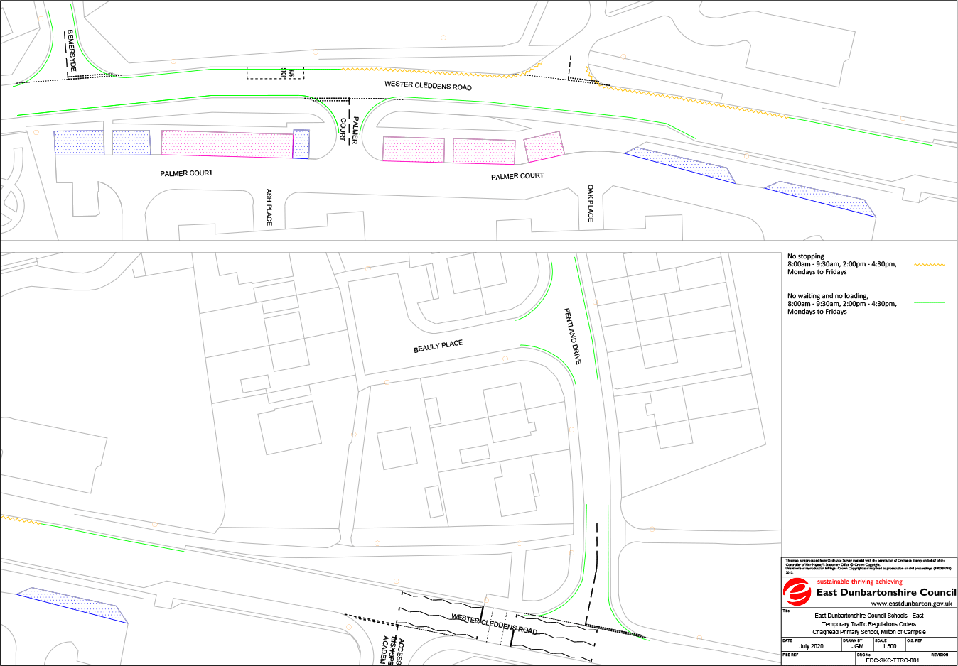 Plans of parking restrictions around St Helen's Primary School, Bishopbriggs