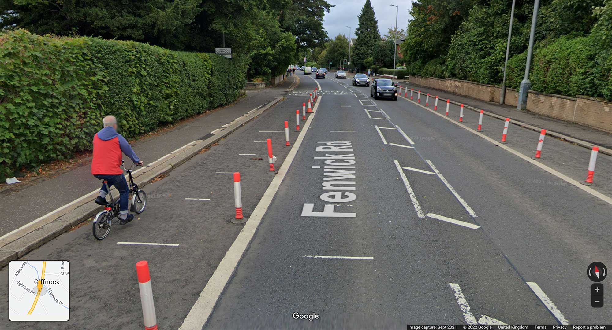 StreetView of Fenwick Road showing cycle lane protected by 'flexi-cylinder' posts