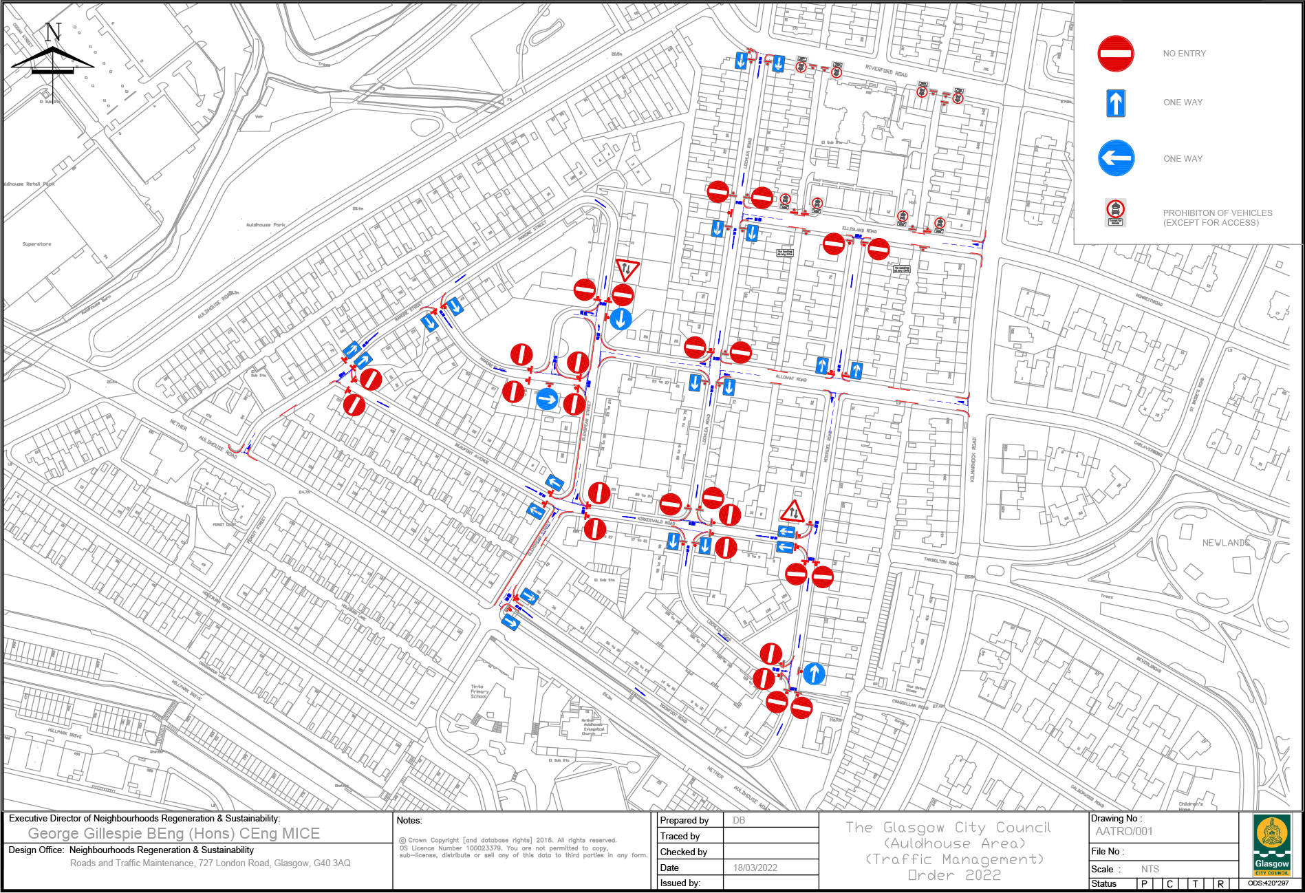 Plan of Auldhouse area one-way streets and other restrictions