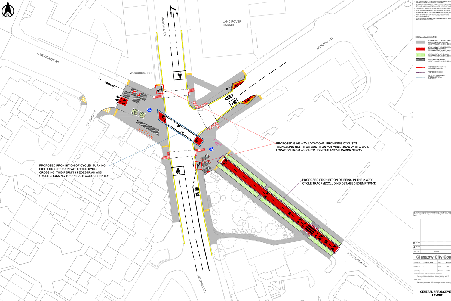 Plan of diagonal cycle crossing at Maryhill Rd/North Woodside Rd/Hopehill Rd