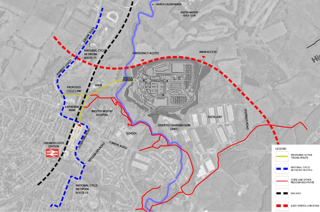 Map of proposed Monklands Hospital and transport links