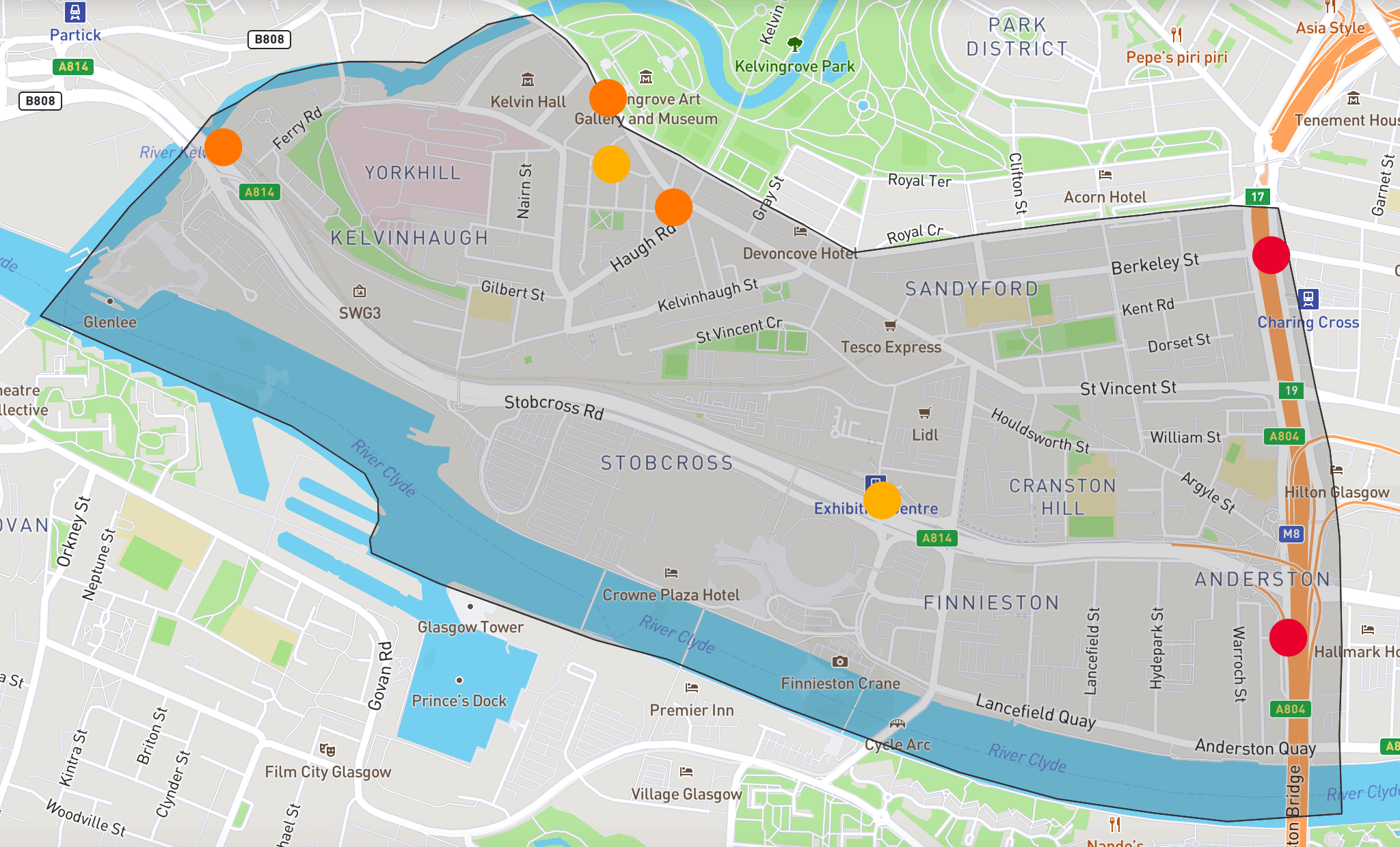 Map showing area of Yorkhill-Anderston LN bounded by the M8, Kelvingrove Park and rivers Clyde and Kelvin