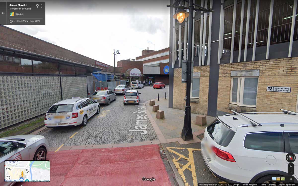 StreetView of James Shaw Lane, Kilmarnock looking at cars driving into Foregate Sq