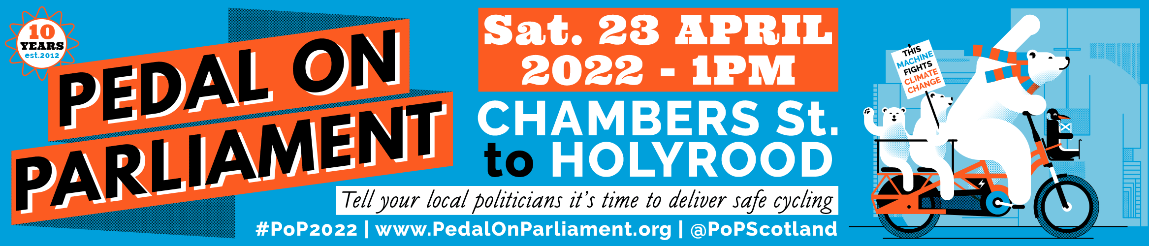 Pedal on Parliament graphic promoting event on Sat. 23rd April at 1pm from Chambers St to Holyrood, Edinburgh