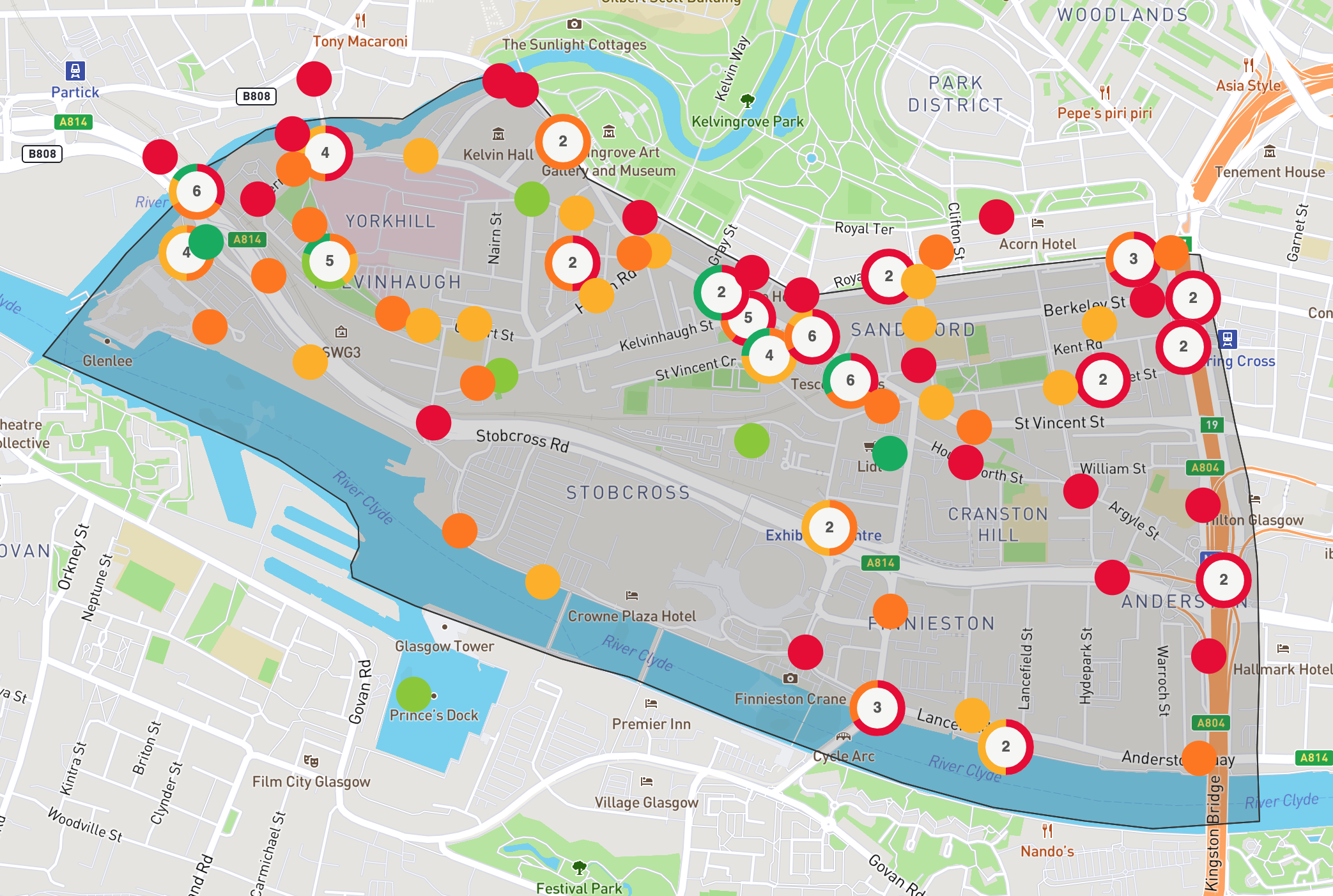 Consultation map of the Yorkhill to Anderston area with markers on the map showing issues raised