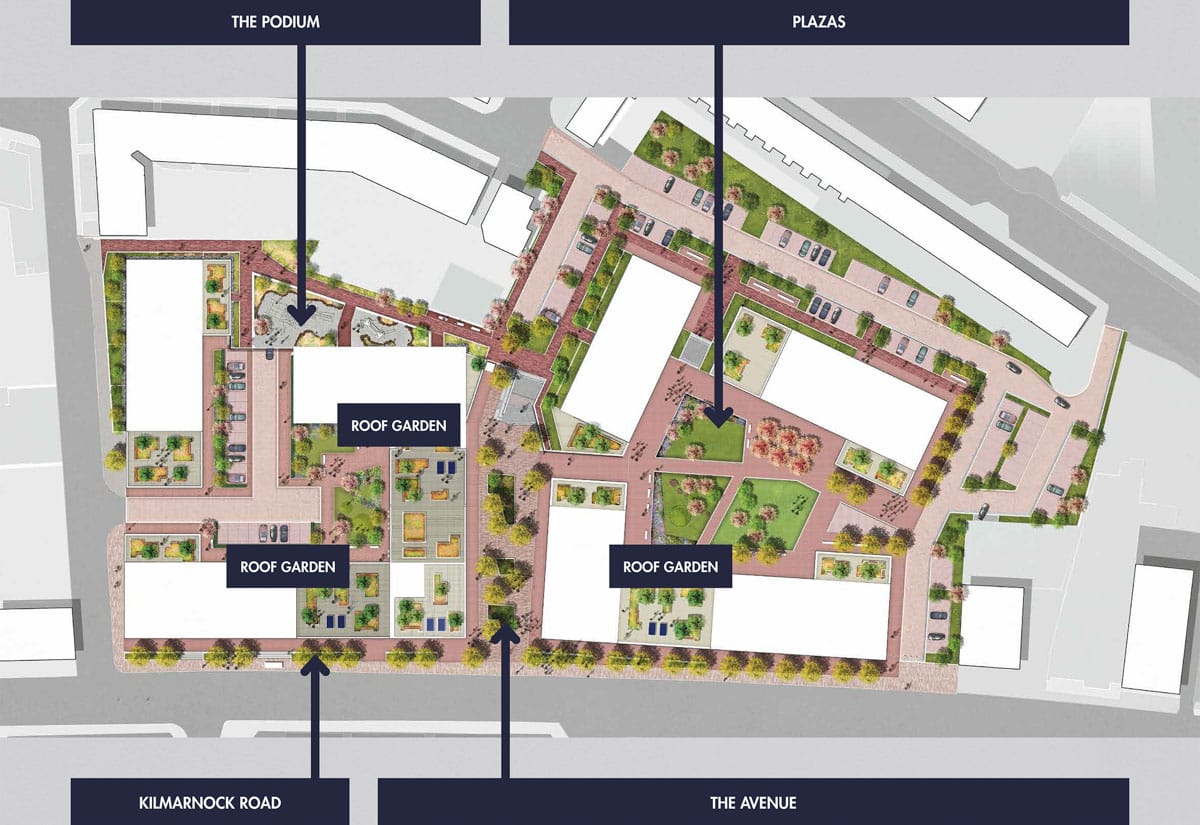 Plan showing proposed redevelopment from above with Kilmarkock Rd marked and areas called 'The Podium', 'Plazas' and 'The Avenue'