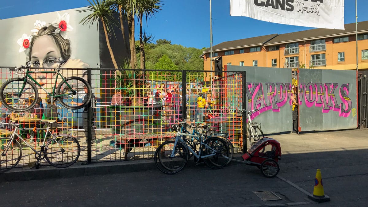 Bikes locked to fence at SWG3 during Yardworks Festival 2019