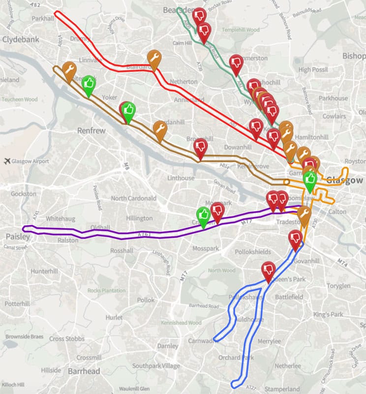 Map of five bus corridors across Glasgow Region (west)