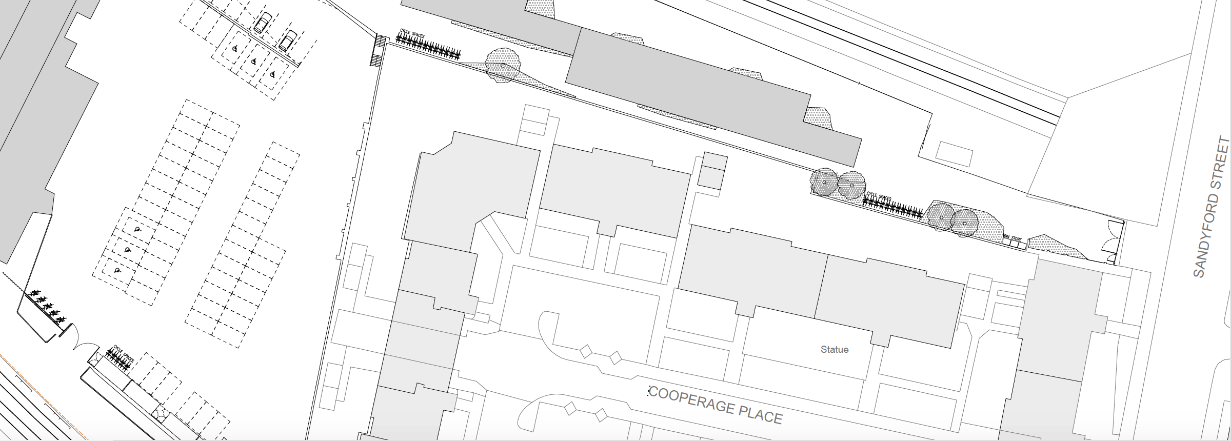 Plan of proposed development around SWG3 venue, showing cycle parking spaces