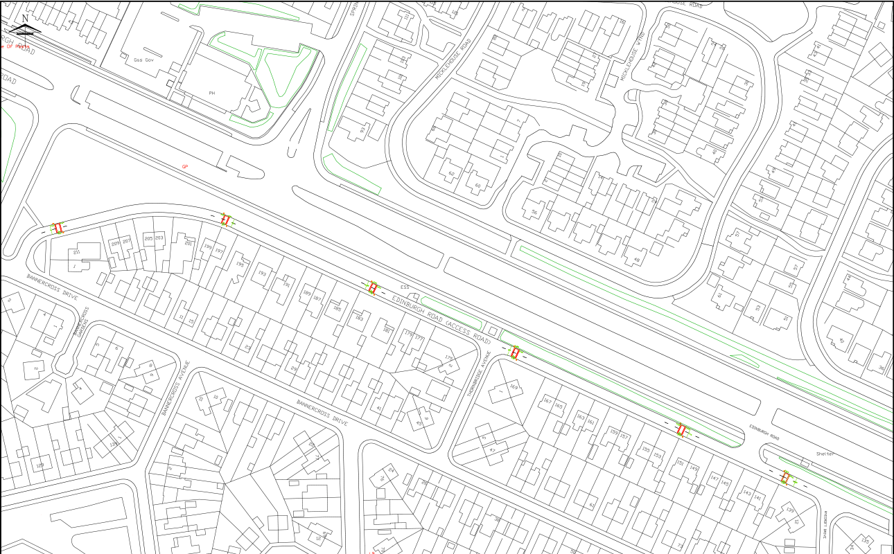 Map of Edinburgh Road's Service Road with speed bumps marked