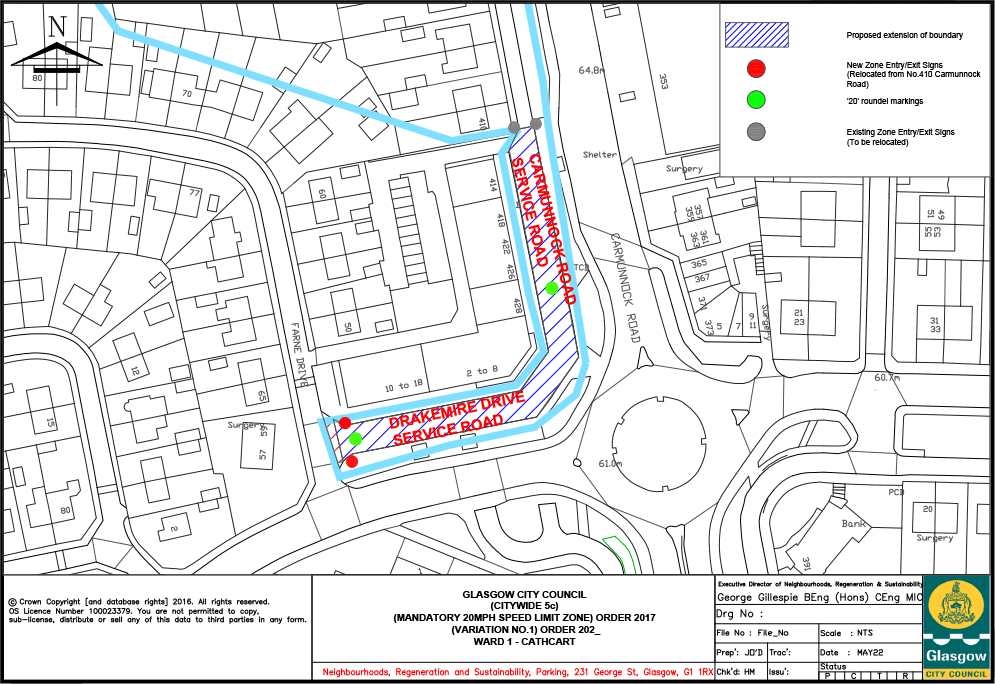 Drawing of 20mph zone covering service roads off Carmunnock Rd