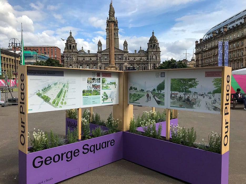 Our Place display boards in George Square, Glasgow