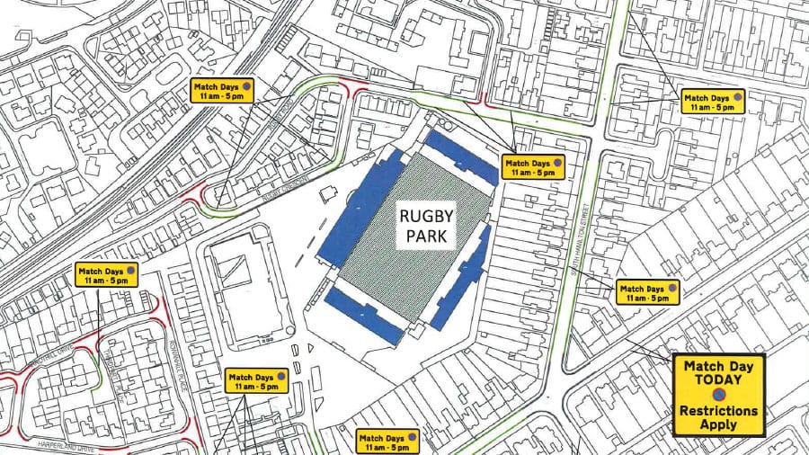 Portion of the map of proposed parking restrictions around Rugby Park, Kilmarnock