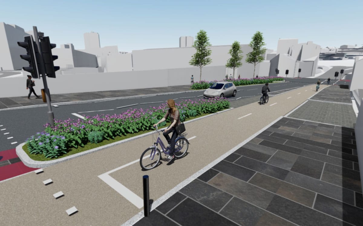 visualisation of Dobbies Loan protected bike lanes (north)