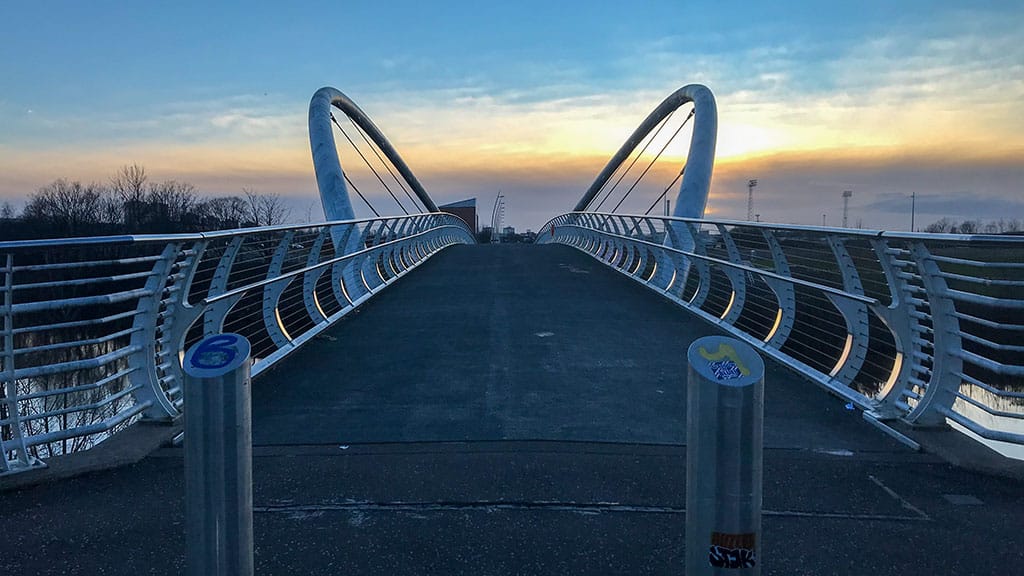 Looking across the Smartbridge towards Shawfield at dusk