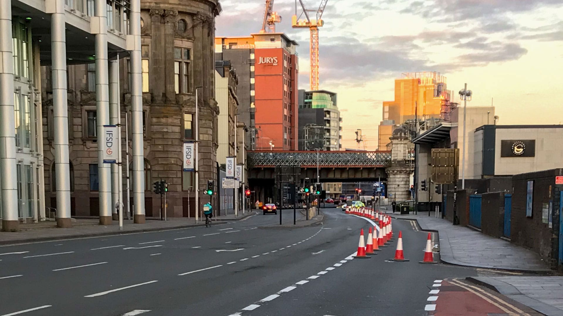 View down Broomielaw towards the casino and bridges in May 2020