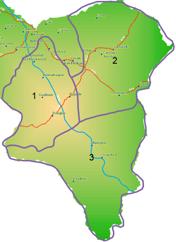 Map of Clydesdale split into north-west, north-east and south