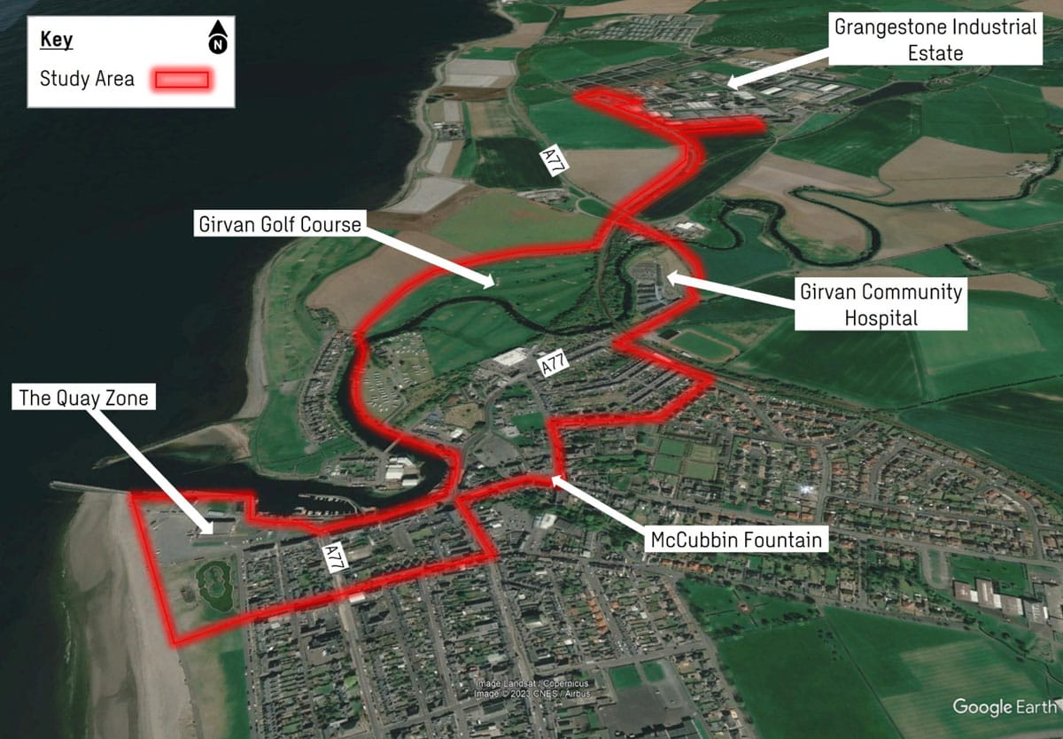 Aerial map view of Girvan to Grangestone project boundary