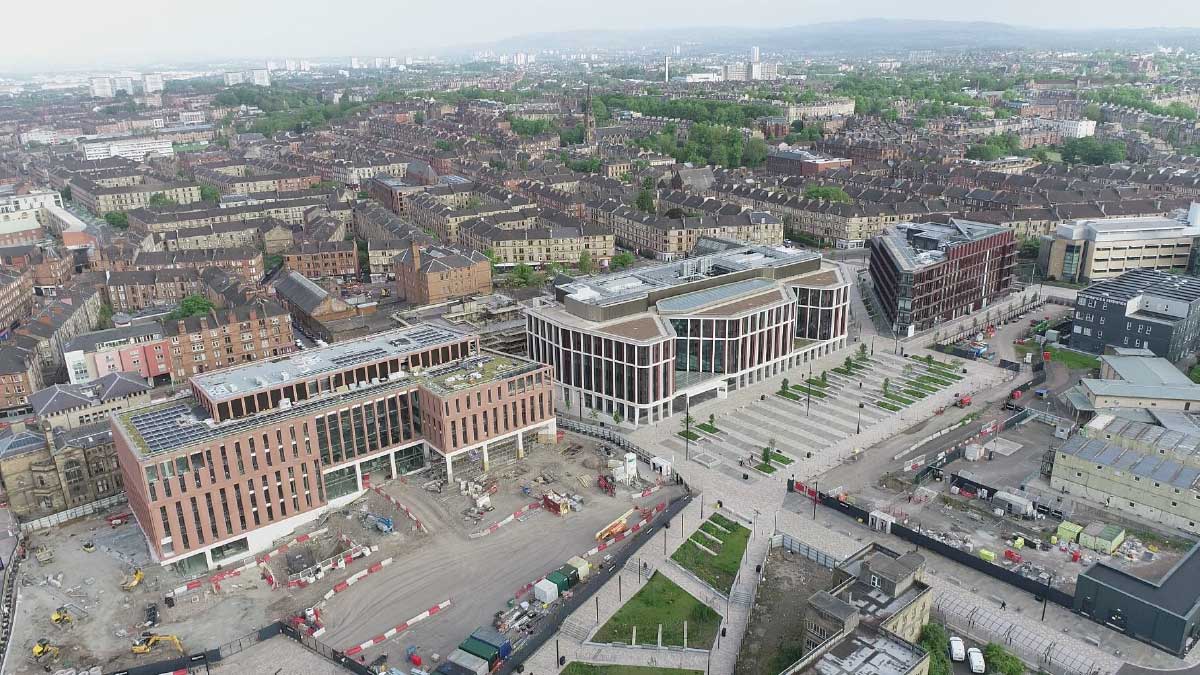 Aerial view looking west towards Byres Rd and Church St