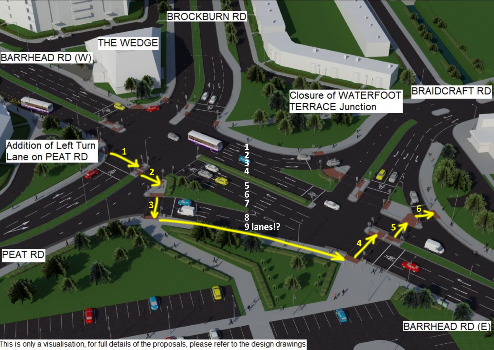 Visual of Pollok roundabout junction replacement – added labels show it's 9 lanes with multiple crossings