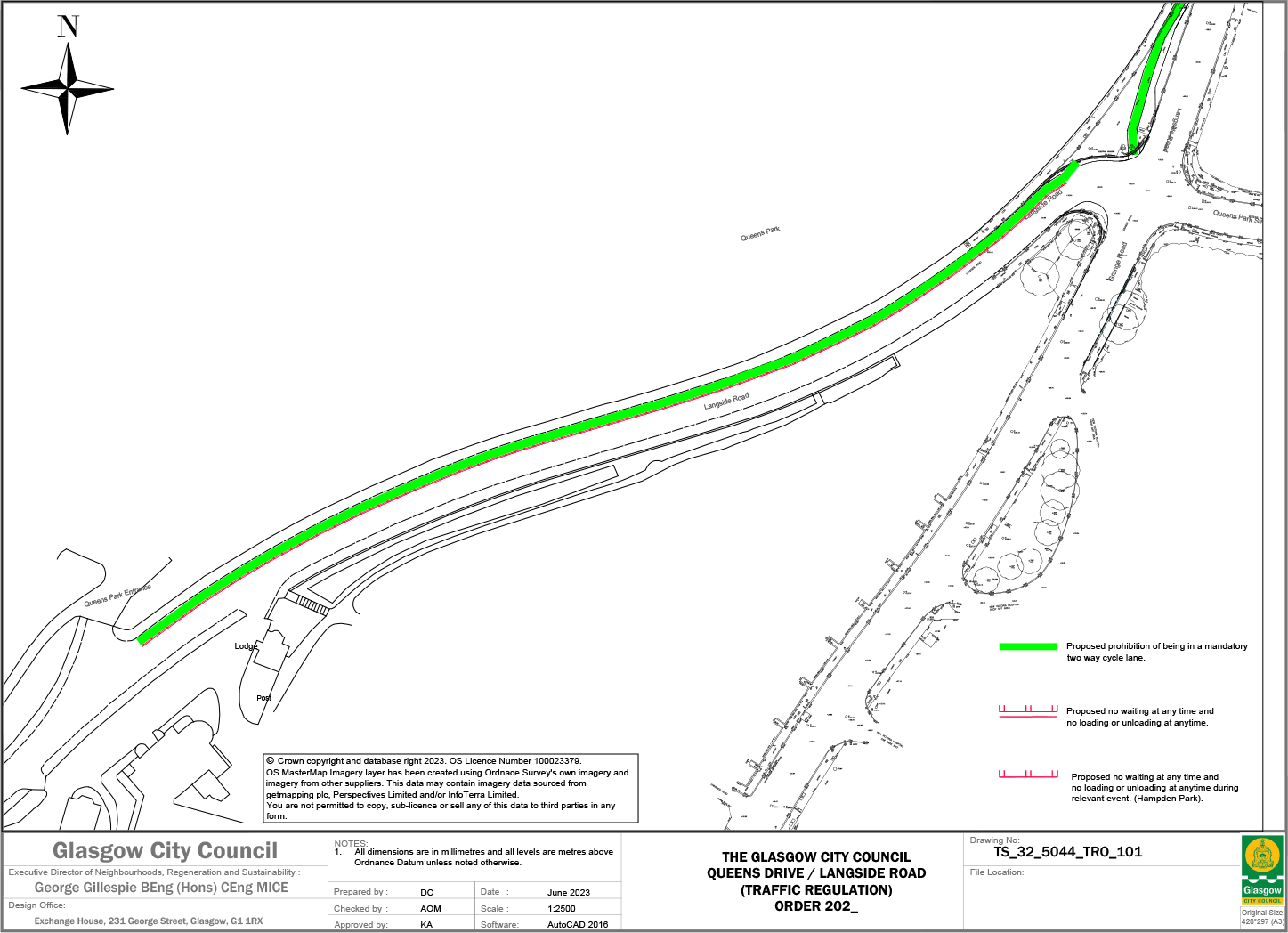 Queens Drive/Langside Road TRO plans showing 2-way lanes on west side of Langside Rd