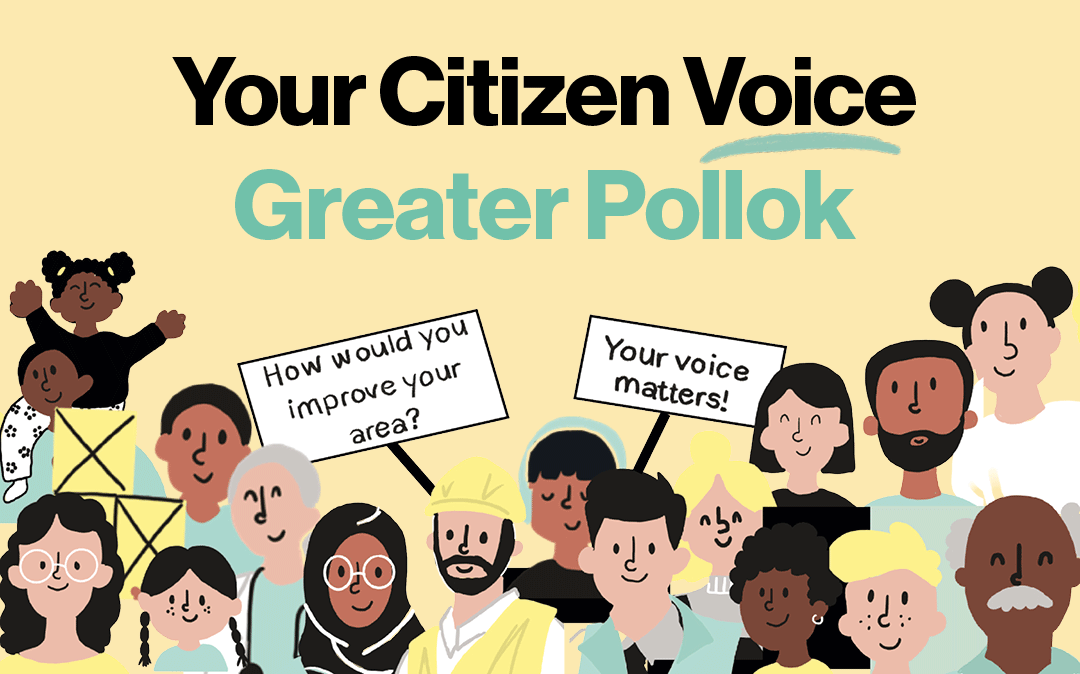 Title image with cartoon of community members for Your Citizen Voice, Greater Pollok