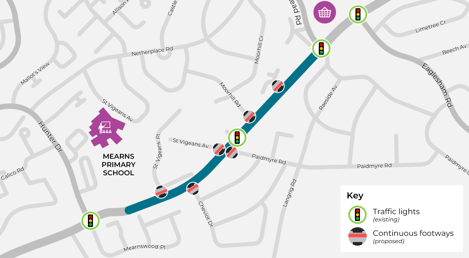 A77 Active Corridor - Phase 3 consultation map showing traffic lights and continuous footways