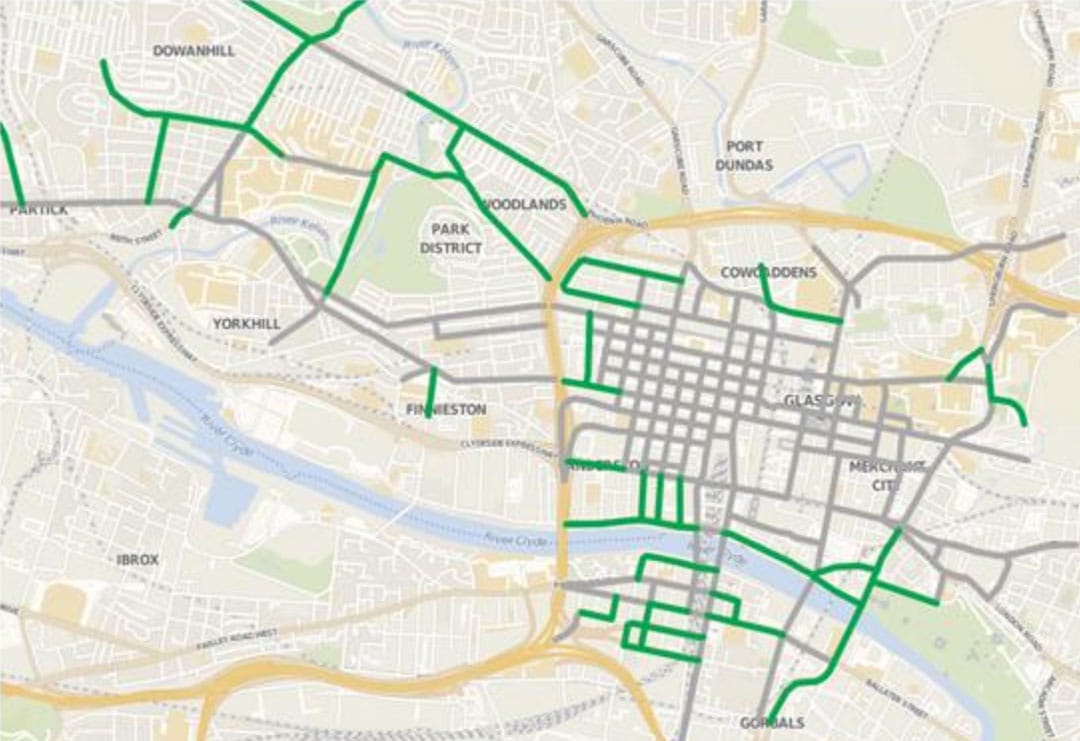 Map of central Glasgow roads highlighting >40% diesel car emissions