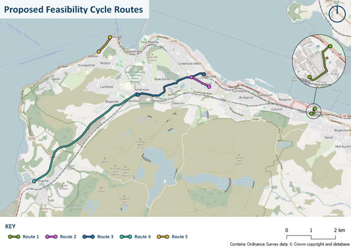 Map of proposed Feasibility Cycle Routes in Inverclyde