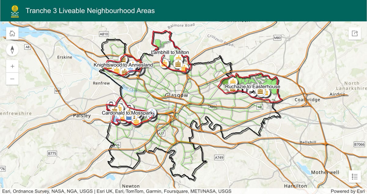 Liveable Neighbourhoods Tranche 3 map (showing Cardonald to Mosspark, Knightwood to Anniesland, Lambhill to Milton and Ruchazie to Easterhouse)